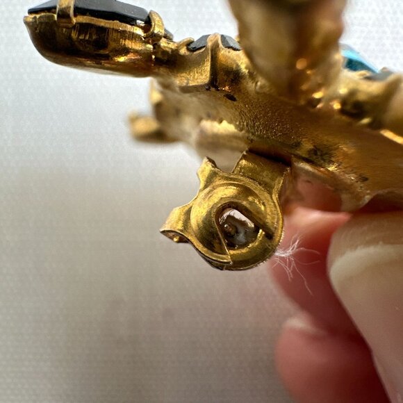 Vintage Turtle Brooch Teal Glass Rhinestones - Picture 5 of 10